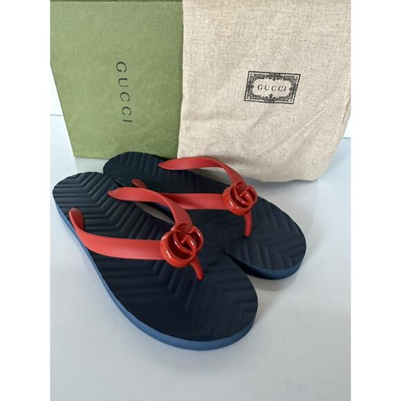 Gucci Men's Red/Blue Double G Thong Flip Flops 10.5 US (Gucci 10) 659229 NIB